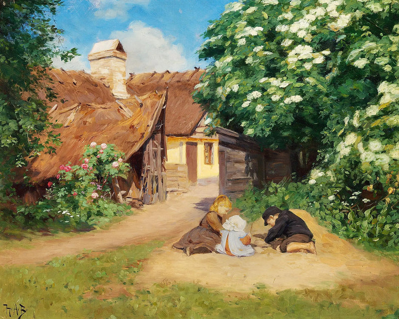 Üç çocuk yaz günü bir çiftlik yakınında oynuyor. - H. A. Brendekilde