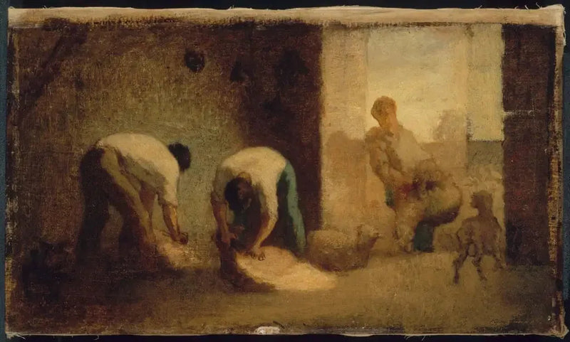 Üç adam bir ahırda koyun yiyor - Jean-François Millet