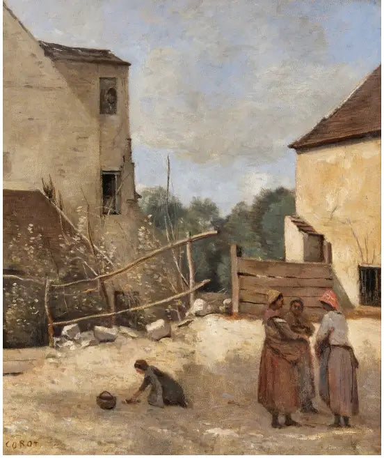 Üç köylü, rustik bir avluda sohbet ediyor - Jean-Baptiste Camille Corot