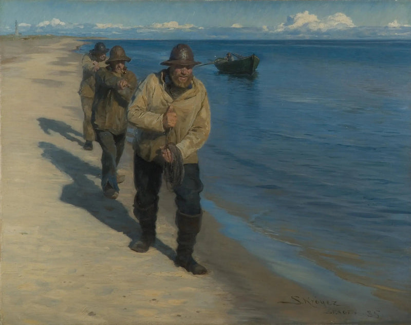 Üç balıkçı bir tekne çekerken. - Peder Severin Krøyer