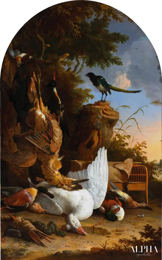 Trophées de chasse à côté d'une pie sur une souche d'arbre - Melchior d'Hondecoeter - Reproductions de tableaux et peintures haut de gamme