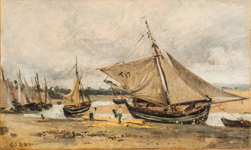 Trouville, kanalda karaya oturmuş balıkçı tekneleri - Jean-Baptiste Camille Corot