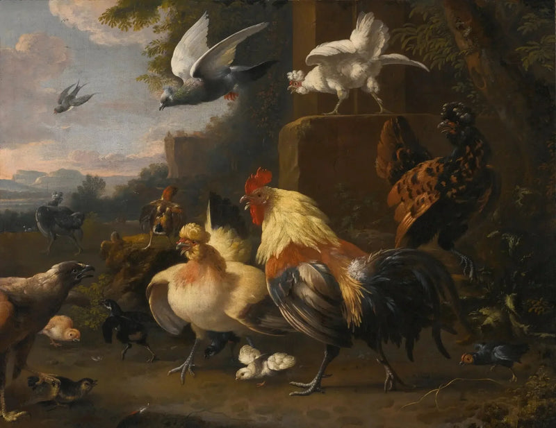 Melchior de Hondecoeter - Genç bir horoz, tavuklar, uçan güvercinler ve diğer kuşlarla bir kartal