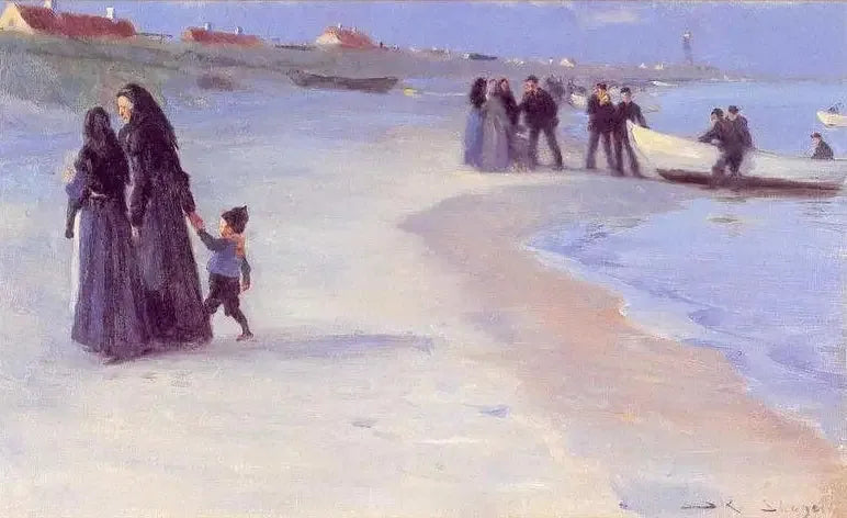 Beyaz bir tekne plajda. Güzel bir yaz akşamı. - Peder Severin Krøyer