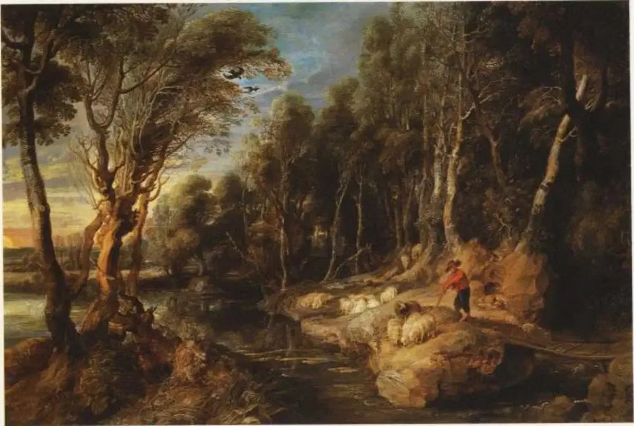Ağaçlıklı bir manzarada sürüsüyle bir çoban - Peter Paul Rubens