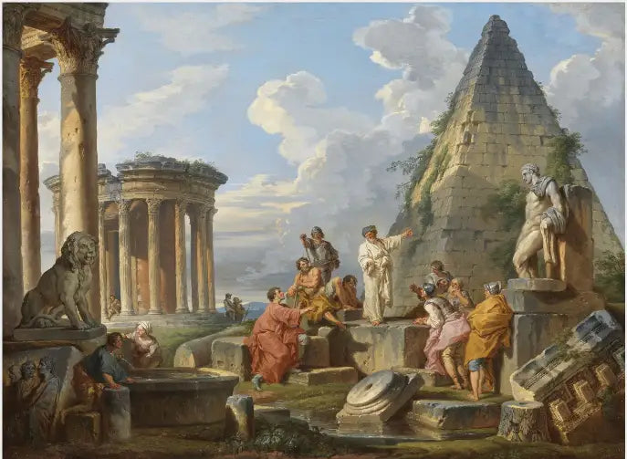 Saint Paul'ün Romalılara vaaz ettiği bir Capriccio, Vesta Tapınağı ve Caius Cestius Piramidi ile - Giovanni Paolo Panini