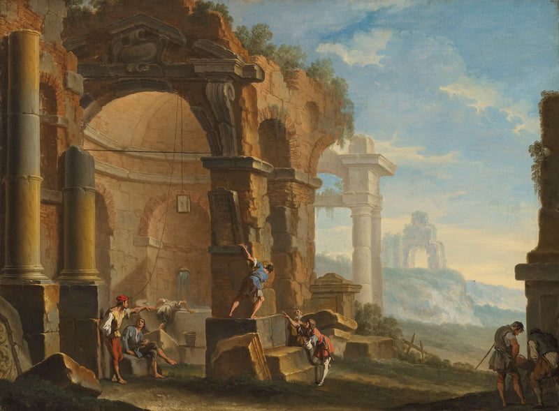 Sebastiano Ricci ile klasik kalıntıların yakınında sohbet eden figürlerle bir kapris