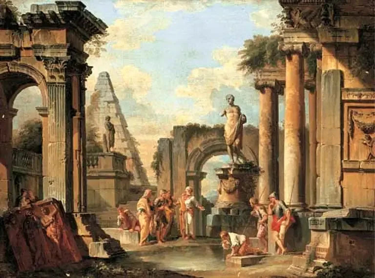 Klasik harabelerden bir keyif, Diogenes'in kâsını attığı sahne - Giovanni Paolo Panini