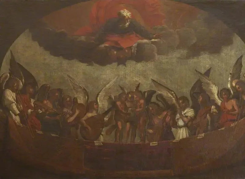 İlahî Baba'nın üzerinde şarkı söyleyen ve müzik aletleri çalan melekler korosu - Guido Reni
