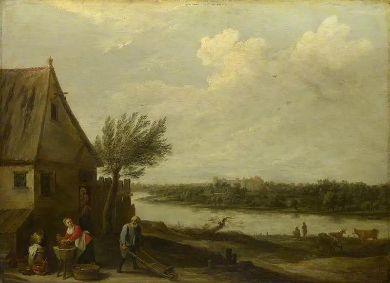 Bir nehir kenarında bir kulübe ve uzak bir manzarada bir şato - David Teniers le Jeune