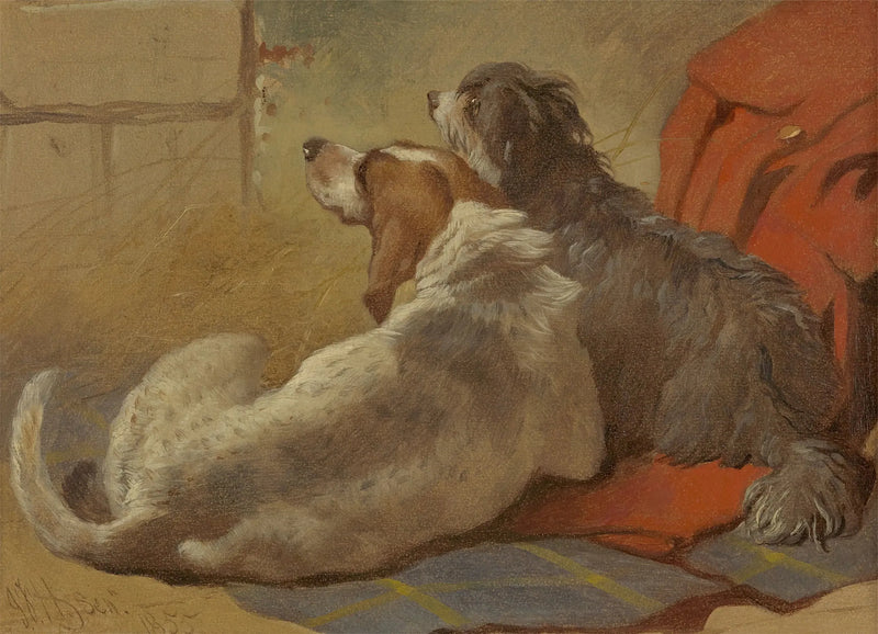Av köpeği ve sakallı collie av kıyafetinin üzerinde oturuyor - John Frederick Herring, Sr.