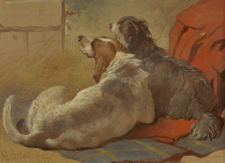 Av köpeği ve sakallı collie av kıyafetinin üzerinde oturuyor - John Frederick Herring, Sr.