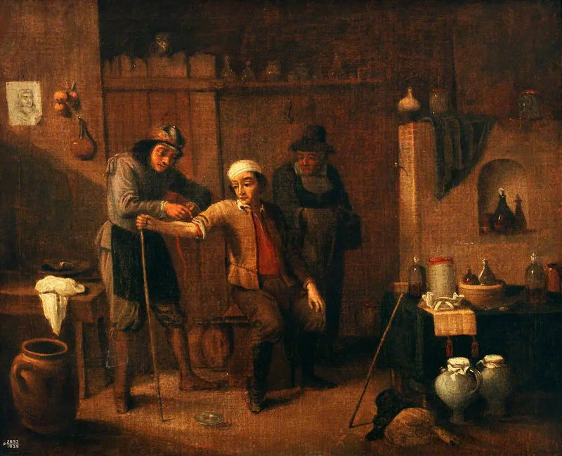 Bir cerrahın bir adamın koluna turnike bağlaması - David Teniers le Jeune