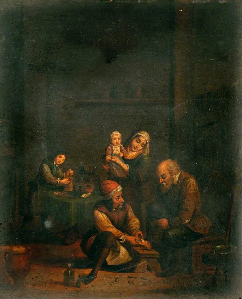 Bir cerrah, bir adamın ayağını tedavi ederken ve üç başka karakter - David Teniers genç