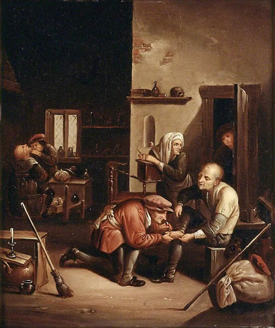 Bir hastanın ayağını tedavi eden cerrah ve bir adamı tıraş eden berber - David Teniers le Jeune