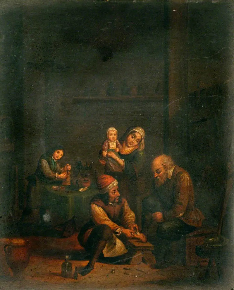 Bir cerrah, bir adamın ayağını tedavi ederken ve üç başka karakter - David Teniers genç