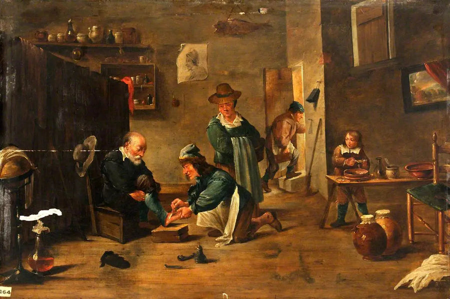 Bir cerrah, bir adamın ayağını alçıyla tedavi ediyor - David Teniers le Jeune