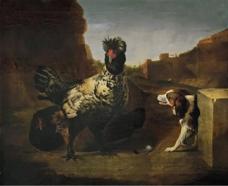 Bir horoz, tavuklar ve bir köpek - Melchior de Hondecoeter