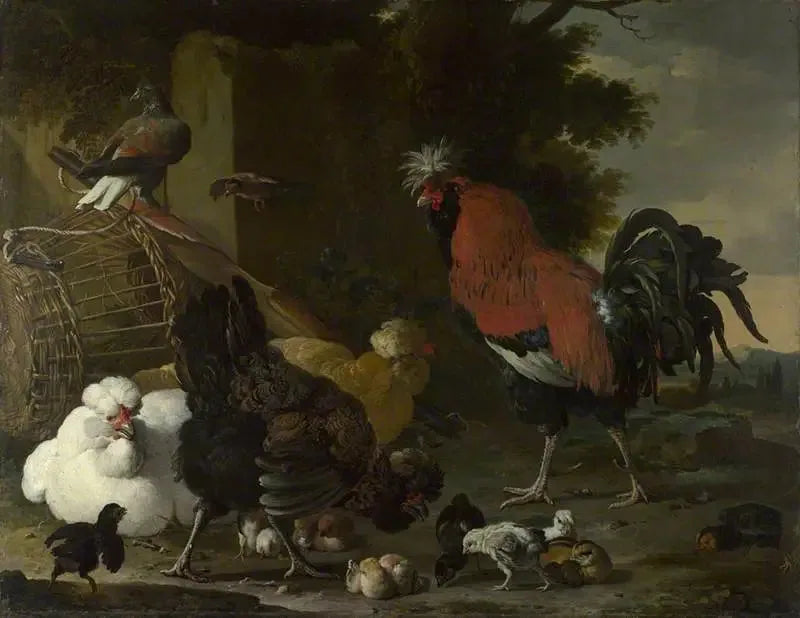 Bir horoz, tavuklar ve civcivler - Melchior de Hondecoeter