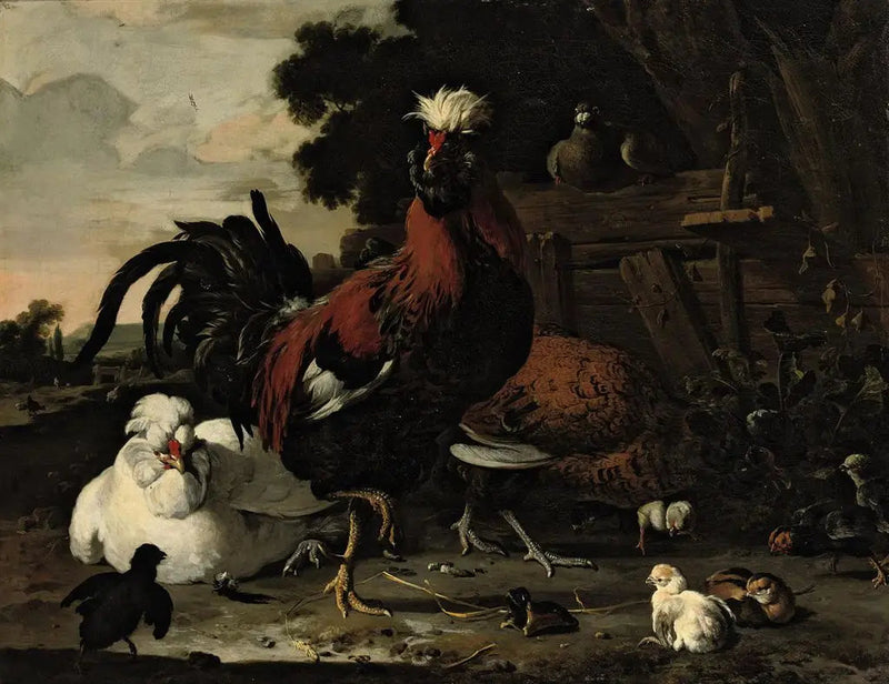 Bir horoz, tavuklar, civcivler ve bir güvercin, ahşap bir çit yakınında bir manzarada - Melchior de Hondecoeter