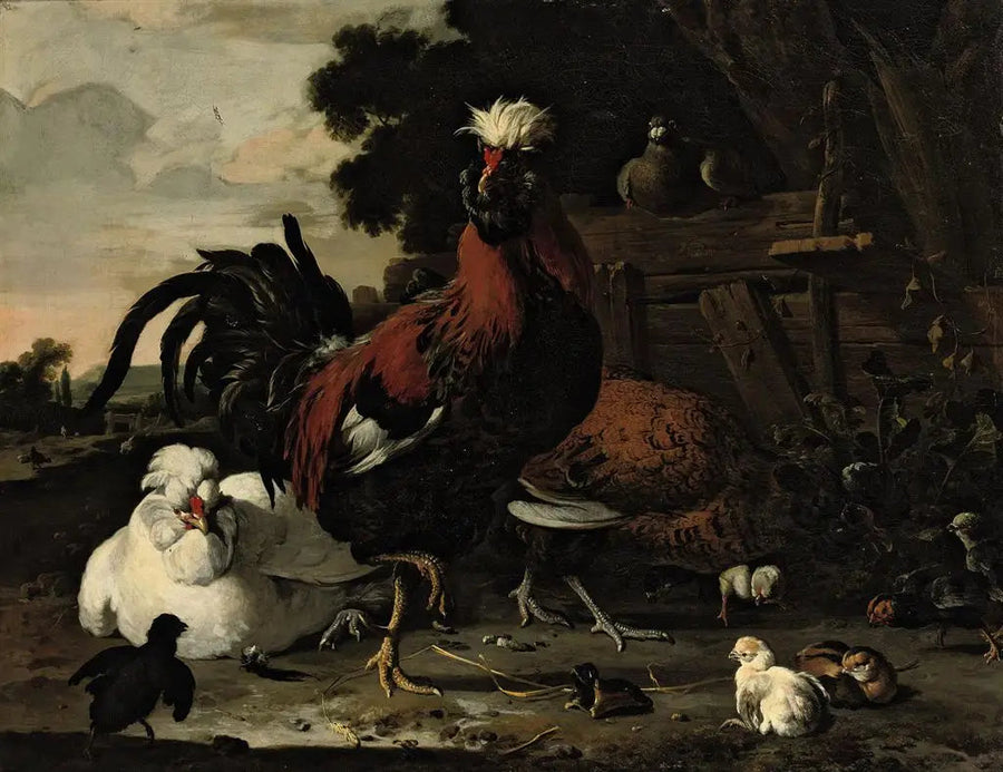 Bir horoz, tavuklar, civcivler ve bir güvercin, ahşap bir çit yakınında bir manzarada - Melchior de Hondecoeter