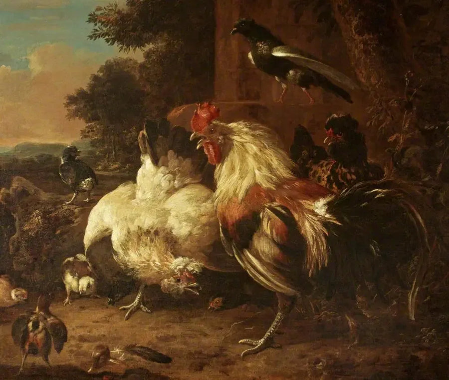 Bir horoz ve iki tavuk, civcivlerle birlikte, bir manzarada - Melchior de Hondecoeter