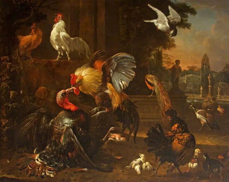 Bir horoz ve bir hindi, bir parkta, diğer kümes hayvanlarıyla dövüşüyor - Melchior de Hondecoeter