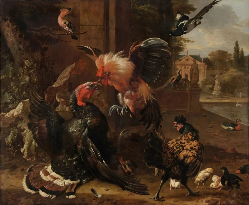 Bir horoz ve bir hindi dövüşüyor - Melchior de Hondecoeter