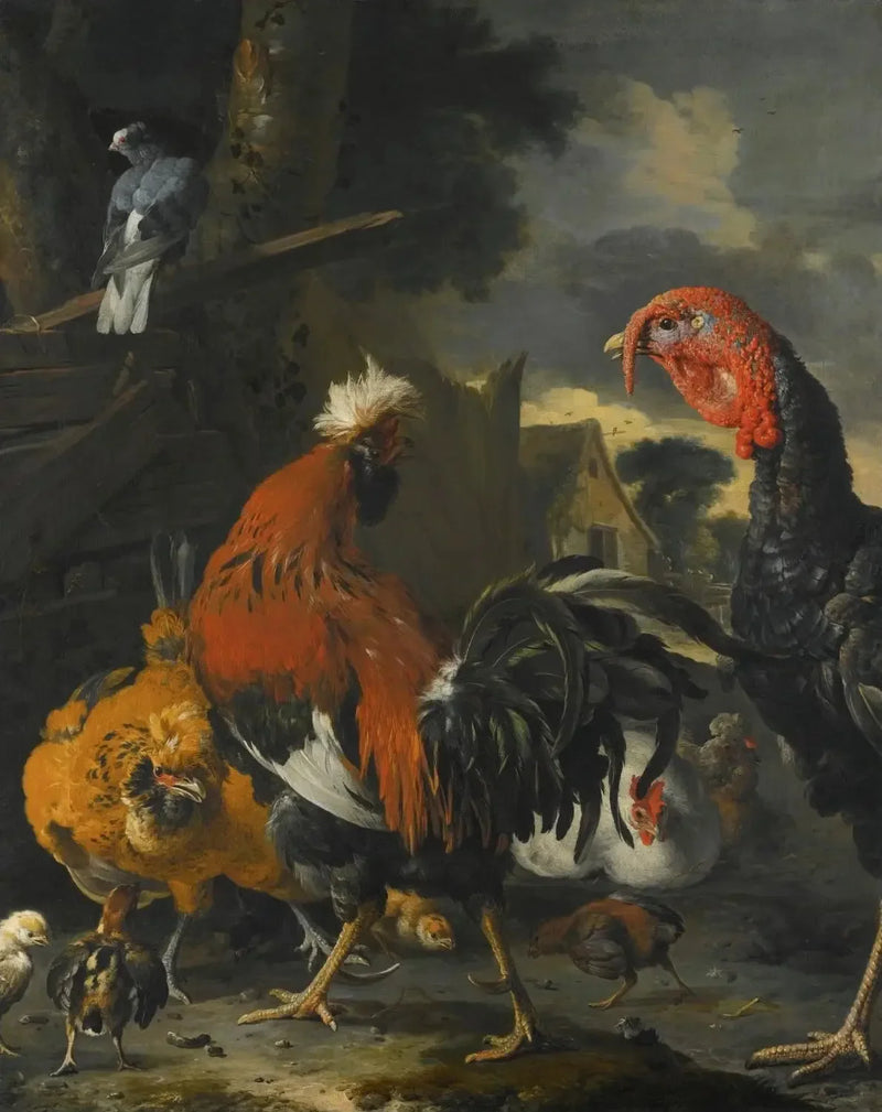 Bir horoz, bir hindi, tavuklar ve civcivler bir kümes içinde - Melchior de Hondecoeter