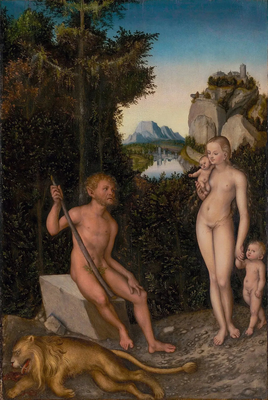 Bir doğa ve ailesi, ölü bir aslan ile - Lucas Cranach the Elder
