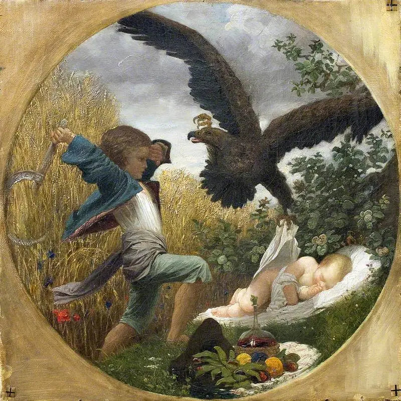 Bir çocuk, bir bebeği bir kartal saldırısından koruyor - Frederic Leighton