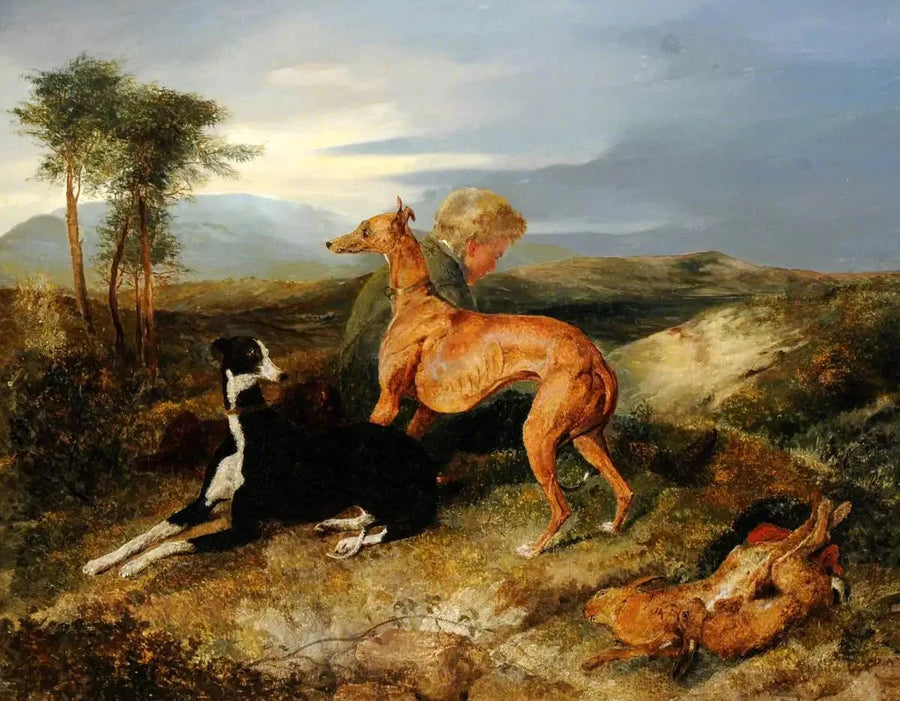 Bir çocuk ve iki av köpeği dinleniyor - Edwin Henry Landseer