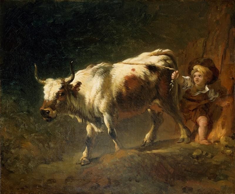 Bir çocuk, bir ineği bir iple tutmaya çalışıyor - Jean-Honoré Fragonard