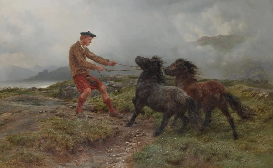 Bir ghillie ve iki Shetland ponyu, sisli bir manzarada - Rosa Bonheur