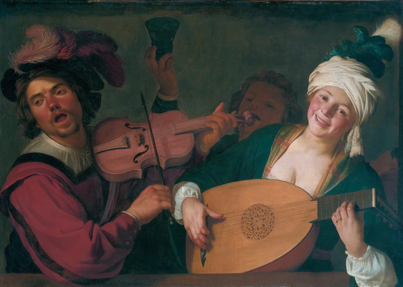 Neşeli bir grup, bir korkuluk arkasında, keman ve bağlama çalan bir müzisyenle - Gerrit van Honthorst