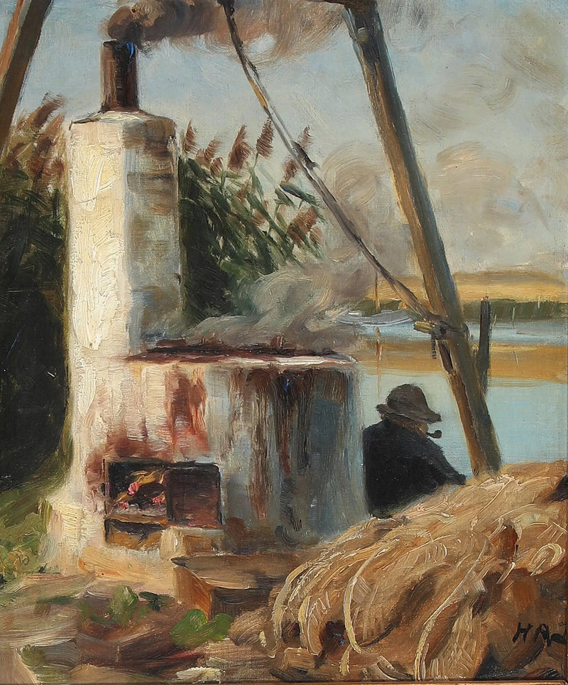 Dumanlı fırın önünde oturan bir adam - H. A. Brendekilde