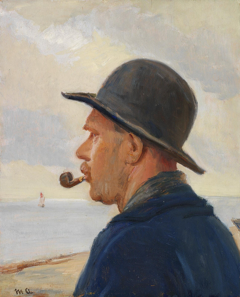 Un homme avec une pipe et un chapeau de feutre sur la plage de Skagen. - Michael Peter Ancher