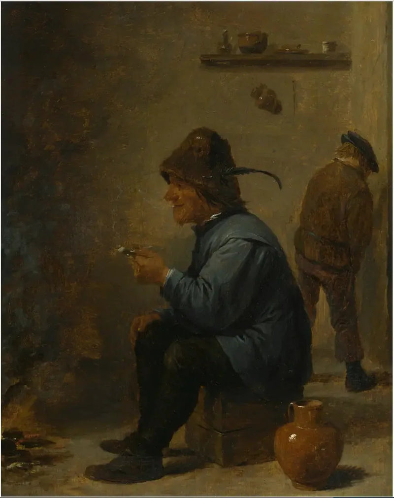 Bir adam, bir pipo tutarken, bir meyhanede ateşin önünde oturuyor; köşede idrar yapan bir adam - David Teniers le Jeune