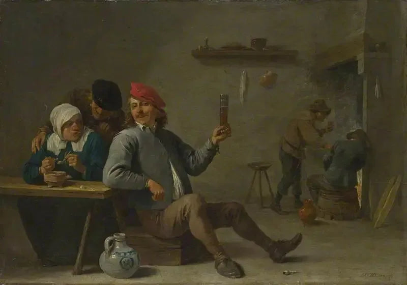 Bir adam bir bardak tutuyor ve yaşlı bir kadın pipoyu yakıyor - David Teniers le Jeune