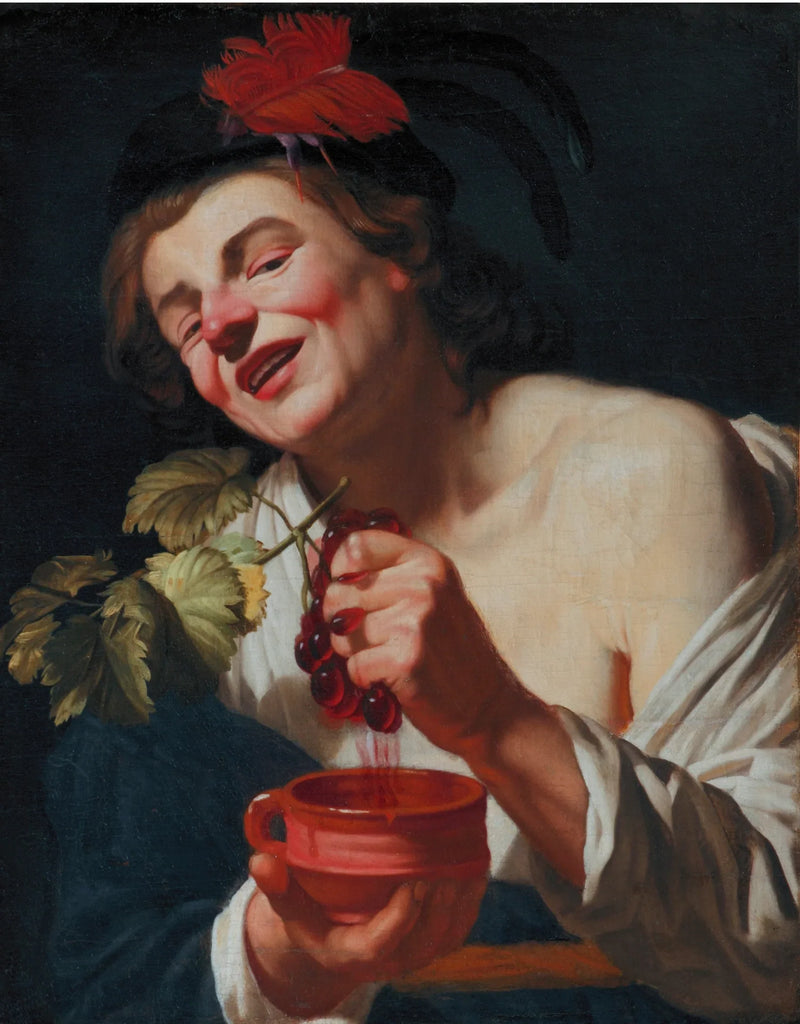 Genç bir bachus adamı, bir kadehte üzüm presliyor (damak zevkinin bir alegorisi mi?) - Gerrit van Honthorst