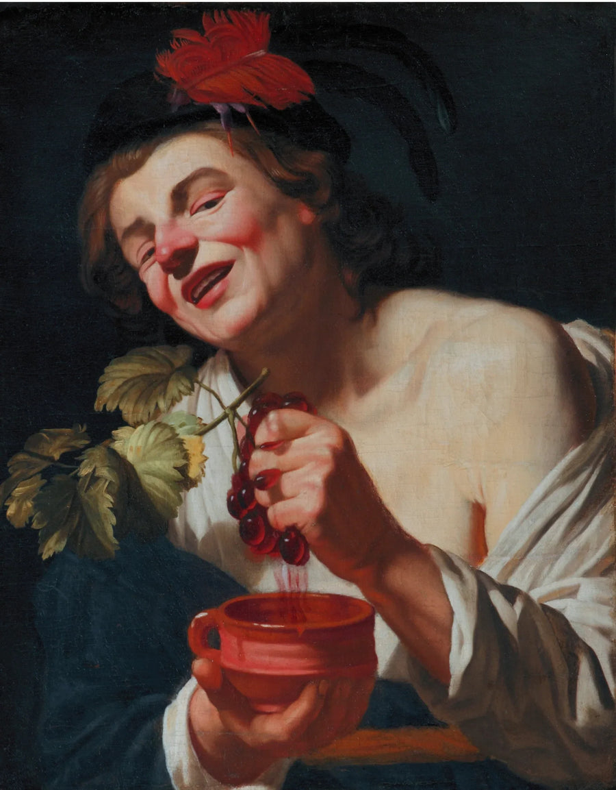 Genç bir bachus adamı, bir kadehte üzüm presliyor (damak zevkinin bir alegorisi mi?) - Gerrit van Honthorst
