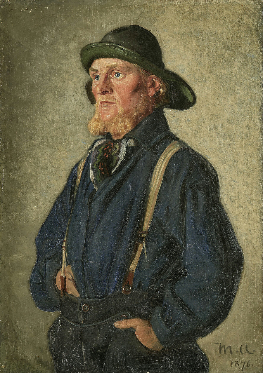 Genç bir balıkçı ayakta duruyor, yeşil bir yağmurluk giymiş. - Michael Peter Ancher