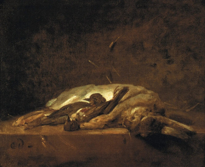 Bir tavşan, iki ölü keklik ve birkaç saman demeti taş bir masanın üzerinde - Jean Siméon Chardin