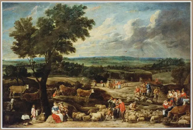 Geniş bir manzara içinde Antwerp yakınlarında bir hayvan pazarı - David Teniers genç