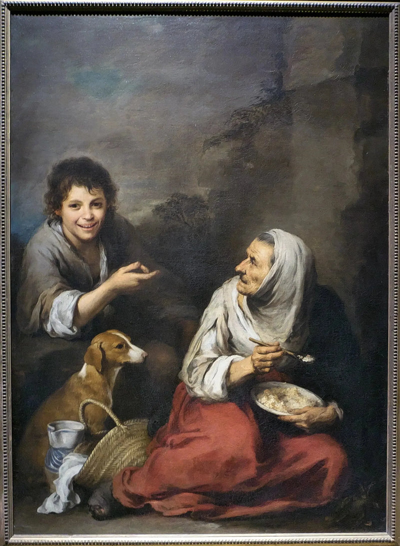 Bir denizkumu, migas yiyen yaşlı bir kadına alaycı şekilde bakıyor - Bartolomé Esteban Murillo