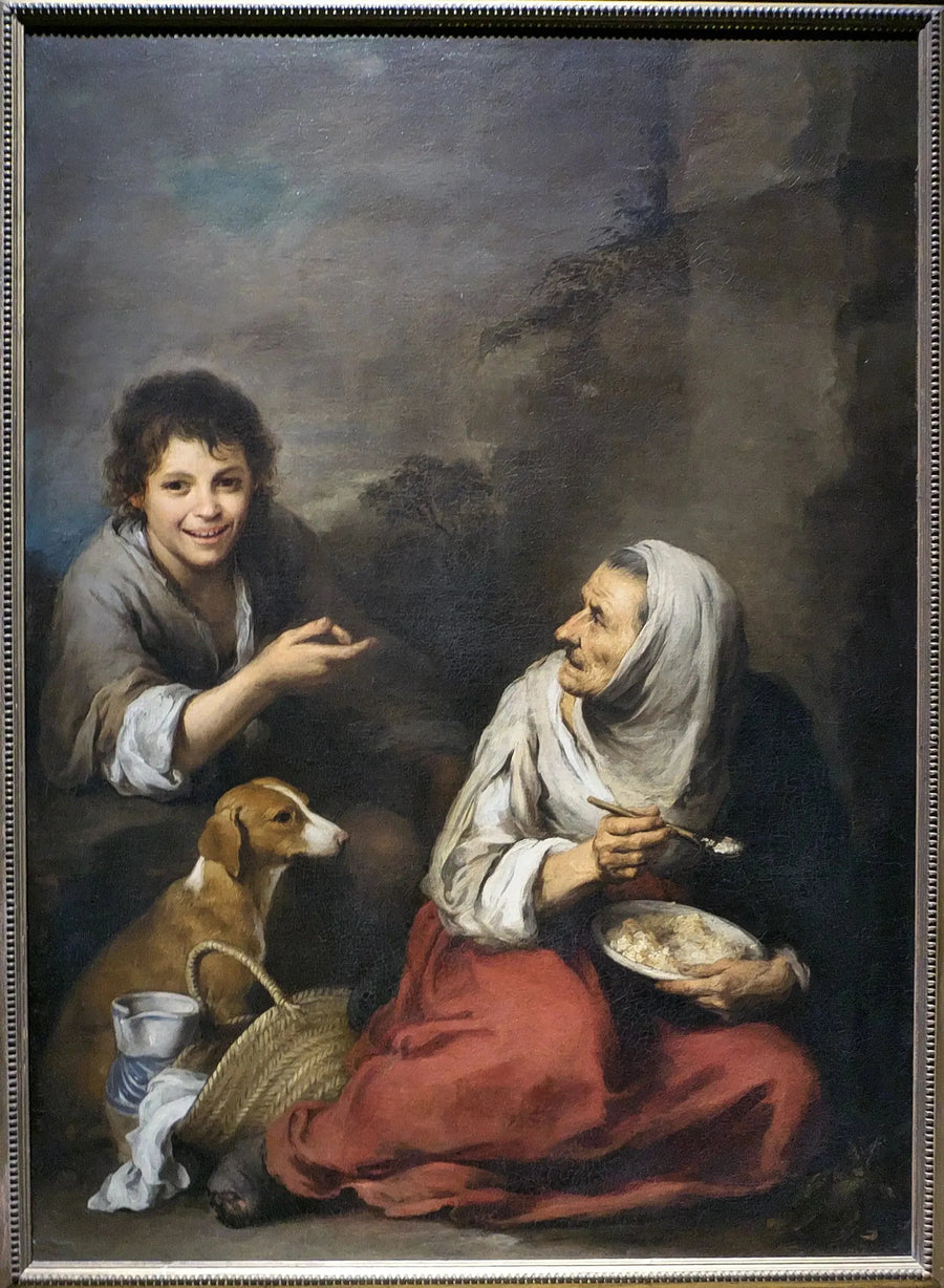 Bir denizkumu, migas yiyen yaşlı bir kadına alaycı şekilde bakıyor - Bartolomé Esteban Murillo