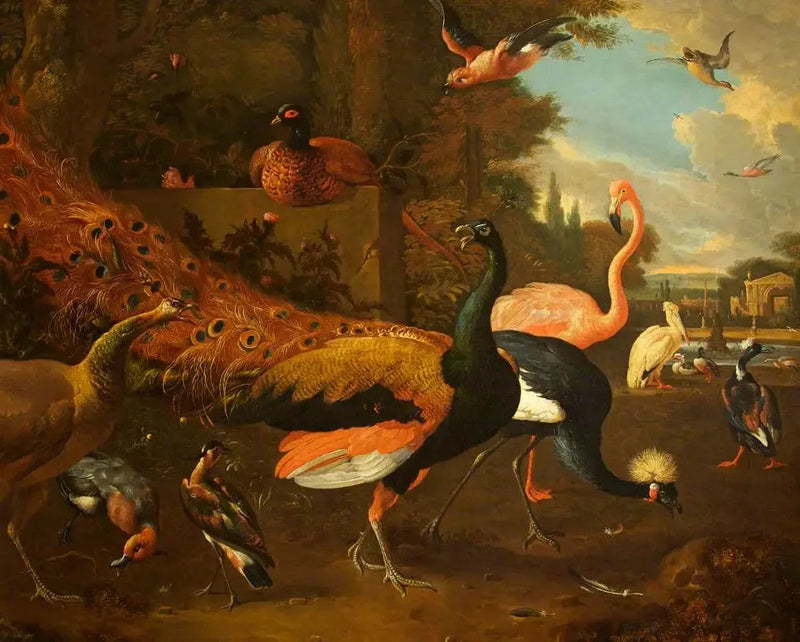 Bir tavus kuşu ve dişi tavus kuşu, bir turna, bir flamingo, bir pelikan ve diğer kuşlar, bir parkta - Melchior de Hondecoeter