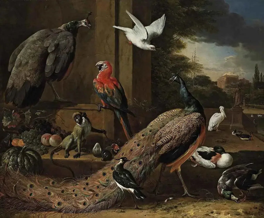 Bir tavus kuşu, bir dişi tavus, bir maymun ve diğer kuşlar bir terasta - Melchior de Hondecoeter