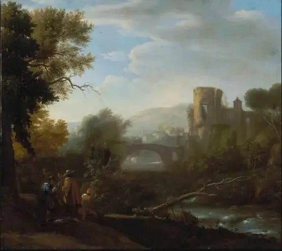 Tivoli ve Vesta Tapınağı ile bir manzara, avcılar ve ön planda çizim yapan bir sanatçı - Claude Lorrain