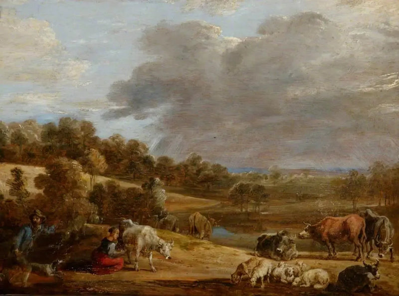 Bir kadın inek sağıyor manzarası - David Teniers le Jeune